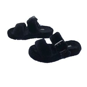 Authentic UGG Fuzz Yeah Black Shearling Platform Sandal Slides Size 8